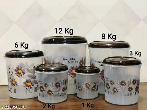 Brown plastic container set with 12kg, 8kg, 6kg, 3kg, 2kg and 1kg options. Beautiful floral design on each piece. Mixer groceries container. Various sizes available