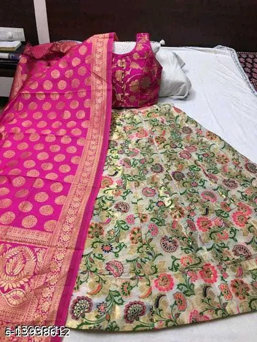 Poly silk Bollywood-inspired Floral Lengha Choli set with botanical dupatta, semi-stitched (40 inch waist, 40 inch length), made in India