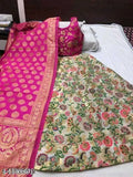 Poly silk Bollywood-inspired Floral Lengha Choli set with botanical dupatta, semi-stitched (40 inch waist, 40 inch length), made in India
