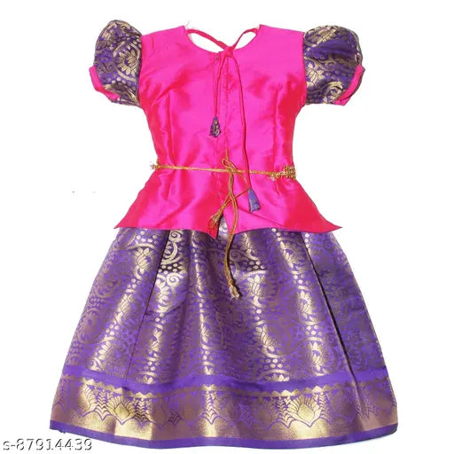 Cotton-silk Nila Pattu Girls Lehenga Choli with waist belt, traditional floral design for festivals and parties, size 6 months to 8 years, India origin