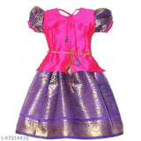 Cotton-silk Nila Pattu Girls Lehenga Choli with waist belt, traditional floral design for festivals and parties, size 6 months to 8 years, India origin