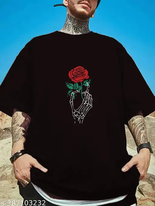 Black oversized cotton-blend t-shirt with 3/4 sleeves, printed design, perfect for casual wear and events in India