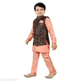 Peach-orange cotton blend kurta pyjamas & waistcoat set for boys, royal look Indo Western ethnic wear