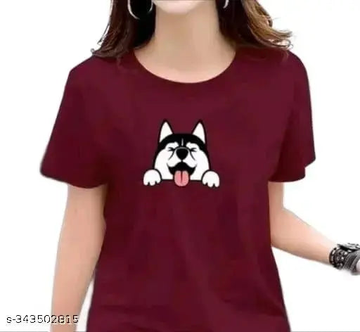 Maroon printed round neck cotton blend t-shirt for women and girls, perfect casual wear year-round