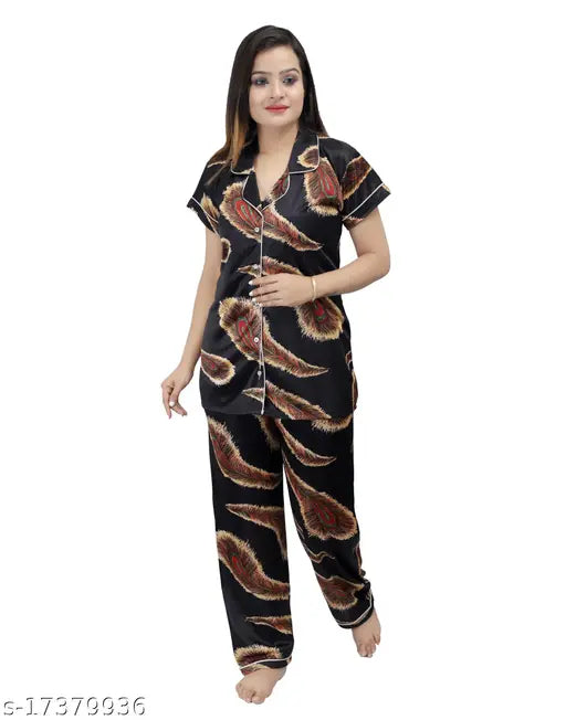 Black satin women's nightsuit with peacock feather print, exquisite hand-washable sleepwear for home comfort