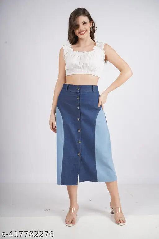 Dark denim skirt with a light blue stripe on the side