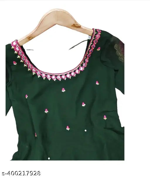 Stylish green bandhni Georgette maxi dress with mirror work, embellished three-quarter sleeves, digital print, and stone detailing. Made in India