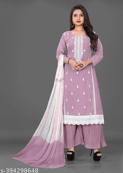 Women's dress outfit with embroidered georgette material, featuring a short kurta with matching dupatta and sharara set
