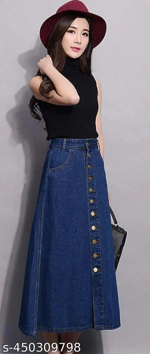 Navy blue denim midi skirt with ten buttons