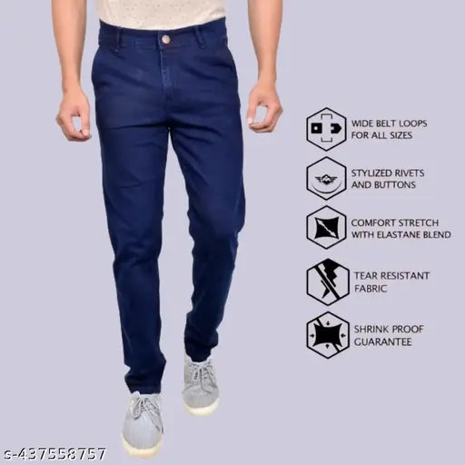 Mens modern blue jeans, dark wash with striped cuffs and white embroidery detailing