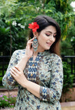 Women's rayon printed ankle-length Anarkali kurta, three-quarter sleeves and trendy pattern, festive wear on mannequin