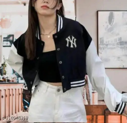 Black fleece colorblocked bomber varsity jacket, size XS-XL