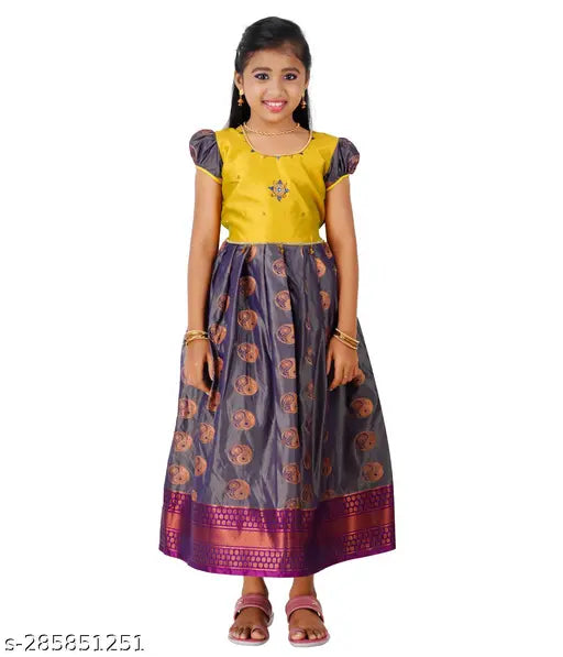 Handmade traditional kids' pattu pavadai in silk jacquard & zari, adorned with heavy stonework. Indian silk lehenga cholis for kids, short sleeves, sizes 0-10 years