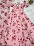 Blue Georgette long-sleeved Priya print gown, vibrant floral design, Indian origin