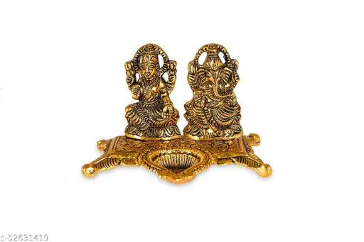 Alaukik Metal Diwali Laxmi Ganesh Idol with Diya, 17cmx10cmx9cm, Indian handcrafted home decor