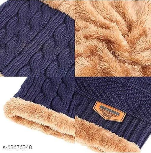 A blue knit winter beanie cap inside a tan fur lining. Soft and warm material for snow protection