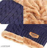 A blue knit winter beanie cap inside a tan fur lining. Soft and warm material for snow protection