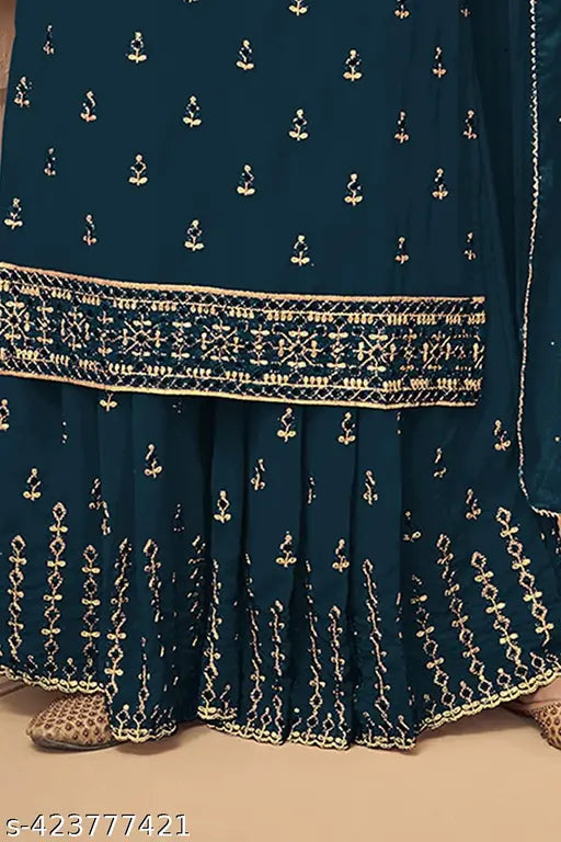 Black suit with blue dupatta featuring embroidered paisley design and border