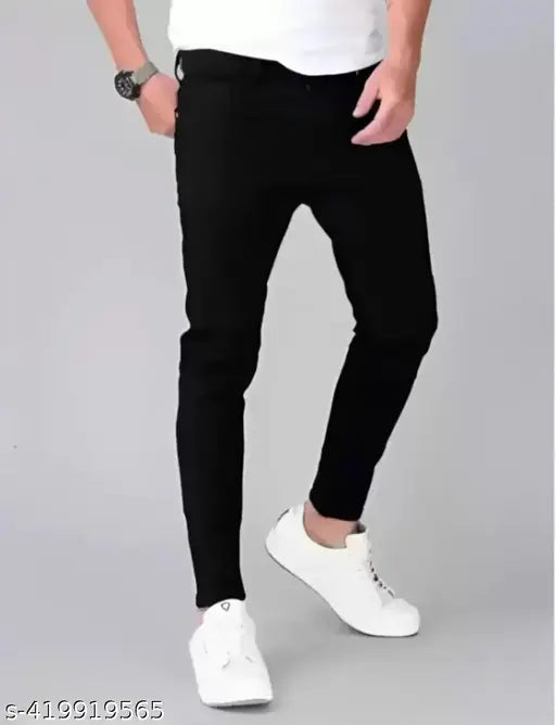 Black denim men's jeans, solid pattern, trendy stylish fit for modern fashion