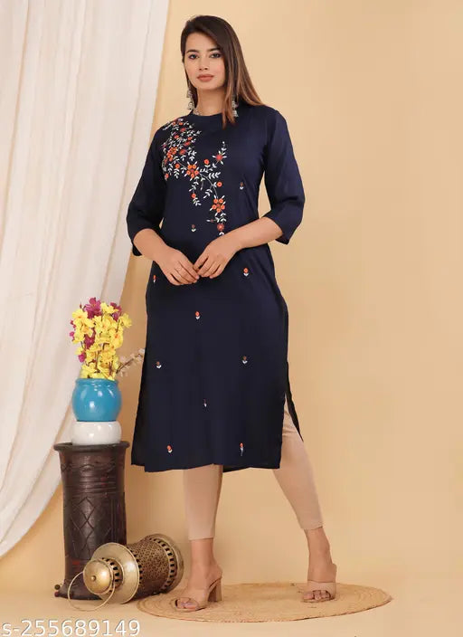 Navy blue embroidered women's kurta, long sleeves, traditional design