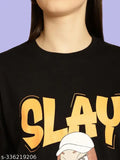 Oversized black women's t-shirt with printed graphic, featuring word 'SLAY