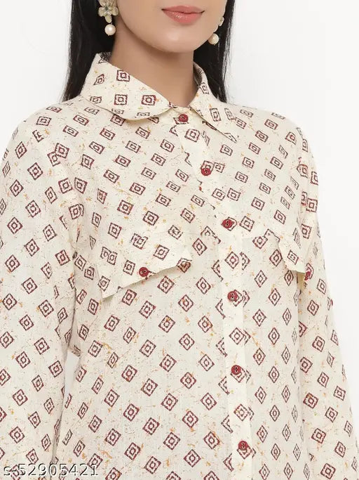 Offwhite cotton A-line kurti by Kipek - stylish three-quarter sleeve women's ethnic wear with printed combo, Indian origin