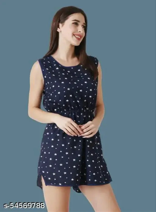 Women's navy blue star-printed poly crepe playsuit jumpsuit with tie-up belt and zip closure, suitable for summer events and casual gatherings