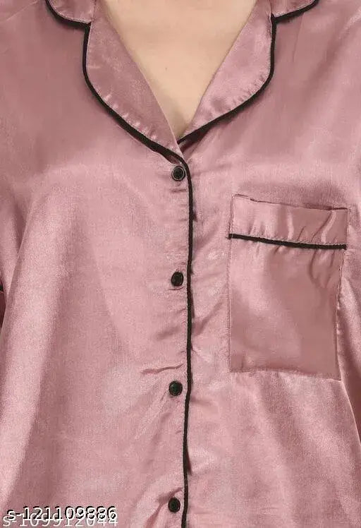 Peach satin short sleeve night suit set with contrast detailing, perfect for relaxation and slumber parties or as a bridal gift. Made with 100% silky satin fabric. Indian origin