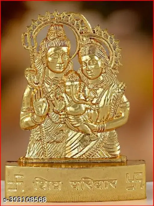Gold-plated Haridwar divine Shiv parivar idol for car dashboard, 12cm x 6cm x 3cm, Indian temple home decor