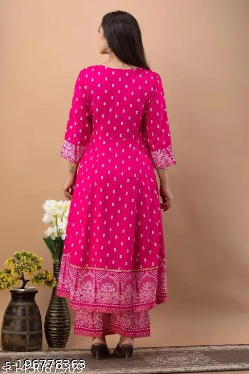 Women's rayon printed Anarkali kurti with palazzos, three-quarter sleeves, vibrant Indian print