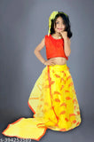 Cotton blend Kids Lehena Choli top with net dupatta, vibrant block stitch design, sizes range from 6-12 months to 9-10 years
