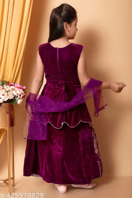 Velvet Lahanga set with abstract embroidery, includes long-sleeved top and acrylic dupatta (2-3 years), sleeveless lehenga with floral design and silk dupatta (3-4 years), and embellished semi-stitched Lehenga Choli with solid net dupatta (Free Size). Indian handcrafted traditional wear