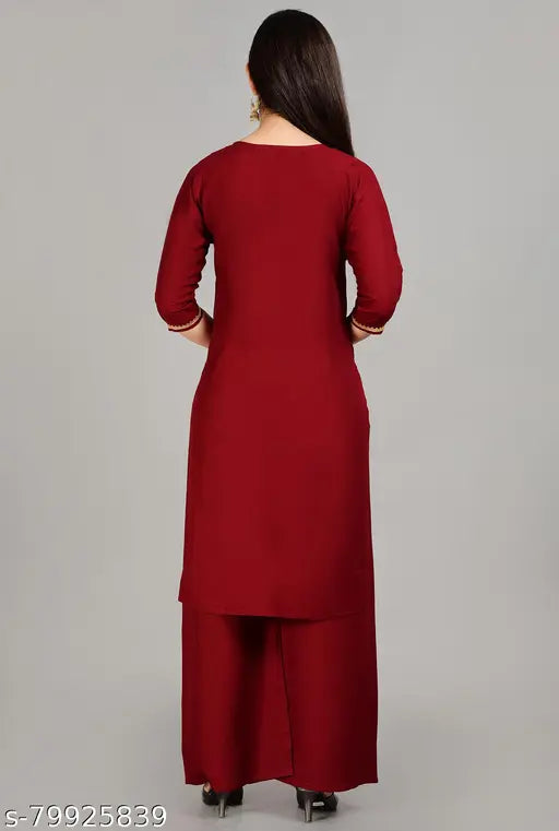 Rayon mahroon kurta with palazzos, solid color, three-quarter sleeves. Beautiful trendy Indian outfit set
