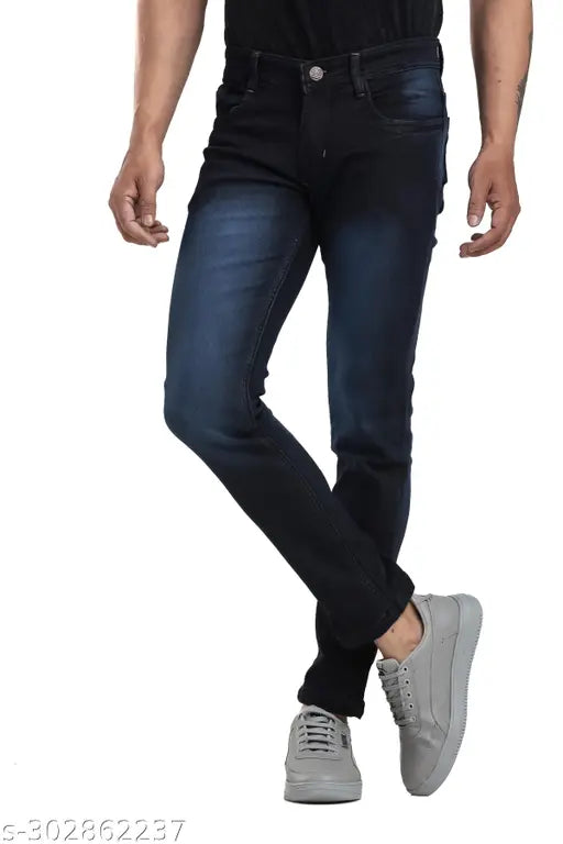 Dark blue stretchable denim jeans for men, slim fit with a dyed/washed pattern. Close-up of single pair on hanging rack