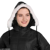 Black polyester long sleeve women's jacket, solid design from Young Threads Collection, model wears medium size