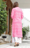 Rayon printed kurta set with palazzo, featuring pink, baby pink, sky blue and beige design on round neck, three-quarter sleeves kurta. Solid green and navy blue palazzo bottoms. Indian rayon fashion for women
