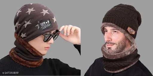Woolen men's capneck set (pack of 2), self-design, onesize, warm & fashionable accessory for cold weather activities, made in China