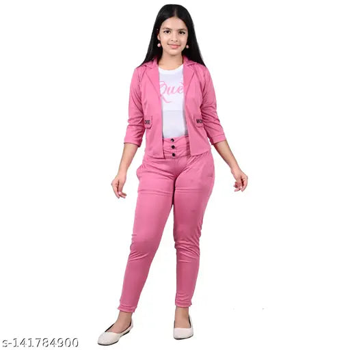 Pink cotton three-quarter sleeve jacket and matching full-length trousers with a queen print top. Casual wear for young girls, trendy outfit set for stylish fashion