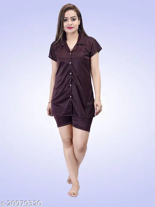 Brown dot printed satin Ansh Collection latest women's short-sleeved nightsuit, celebrating comfort and style for lounging