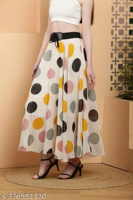 2REAL WHITE BIG DOT LONG SKIRT WITH BELT