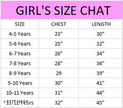 Girls Size Chat - Dress Sizes Chart: 4, 6, 8, 10, 12, 14, 16, 18, 20, 22, 24. Chest measurements: 36", 38", 39", 40", 42". Lengths: Short, Regular, Long. Sleeves: Sleeve-length. Material: Chiffon, Cotton, Tulle