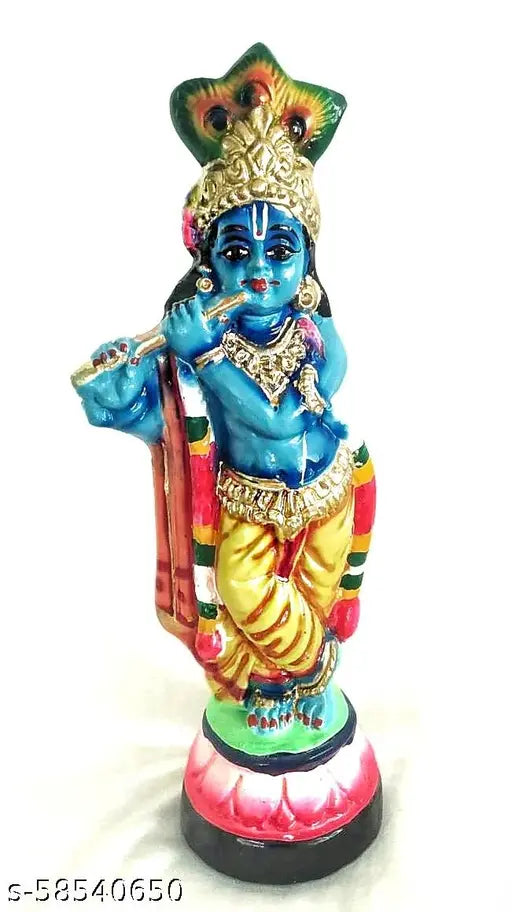 Paper pulp Krishna statue, 12 inches tall, symbolizes divine love and happiness for home decor or pooja purposes. Made in India