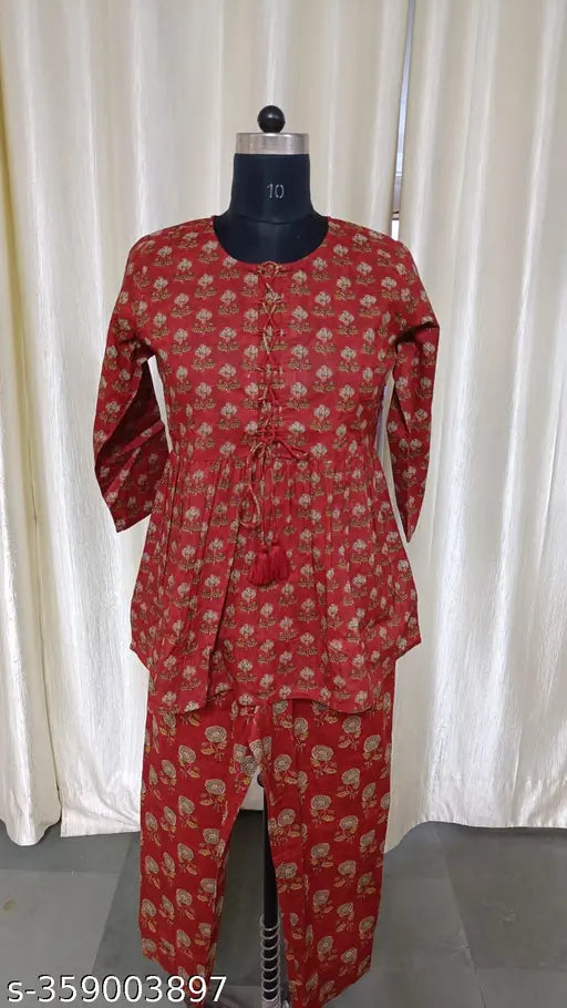 Women's cotton nightdress shirt pant set, printed ethnic wear for women, long and loose pyjamas