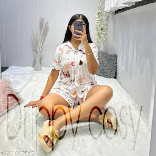 Silk blend quirky print night suit, luxurious silk pajama set for women with matching shirt and shorts, India-made sleepwear