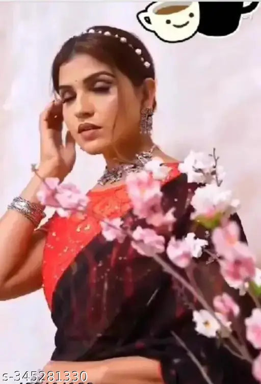 Soft georgette saree and blouse, red border, traditional attire