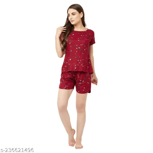 Maroon rayon printed nightsuit, round neck top, short sleeves, pocket detail, comfortable sleepwear, Indian-made nightwear