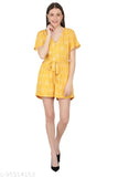 Yellow Rayon Crepe Floral Printed Play Suit, featuring v-neckline, pockets, button closure, zipper, and adjustable belt - perfect for a casual day out, handcrafted in India