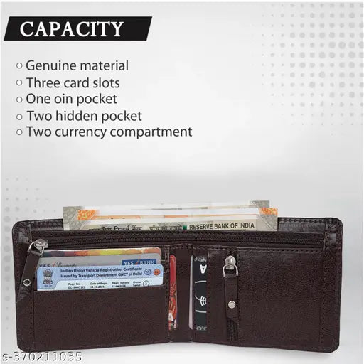Brown faux leather trending wallet, features 5 card slots, coin pocket, & zip compartments. Classic world design for daily use, perfect gift for men." (108 characters)