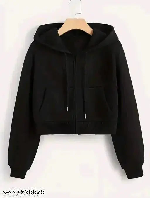 Women's fleece crop zipper hoodie, black solid-patterned short jacket for winter, made in India
