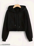 Women's fleece crop zipper hoodie, black solid-patterned short jacket for winter, made in India